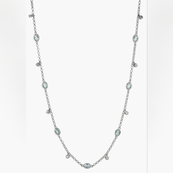 NWT Genuine Aquamarine Birthstone 18" Sterling Silver Station Necklace - Picture 1 of 5